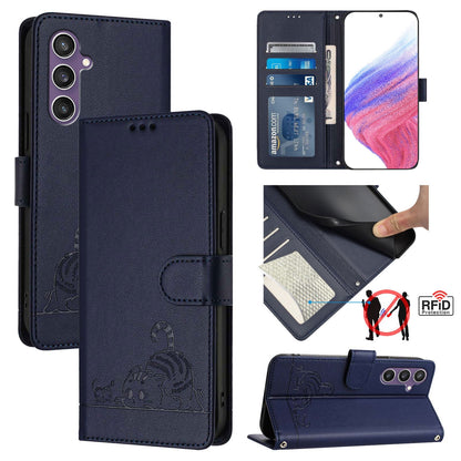 Samsung Galaxy S23 FE 5G Cat & Rat Embossed RFID Leather Case, Lanyard, Wallet, Card Slots, Kickstand, Anti-Fall, Scratch-Resistant