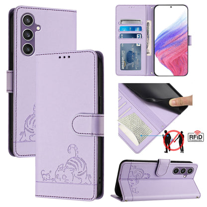 Samsung Galaxy S23 FE 5G Cat & Rat Embossed RFID Leather Case, Lanyard, Wallet, Card Slots, Kickstand, Anti-Fall, Scratch-Resistant