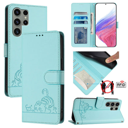 Samsung Galaxy S23 Ultra 5G Cat & Rat Embossed RFID Leather Case, Lanyard, Wallet, Card Slots, Kickstand, Anti-Fall, Scratch-Resistant