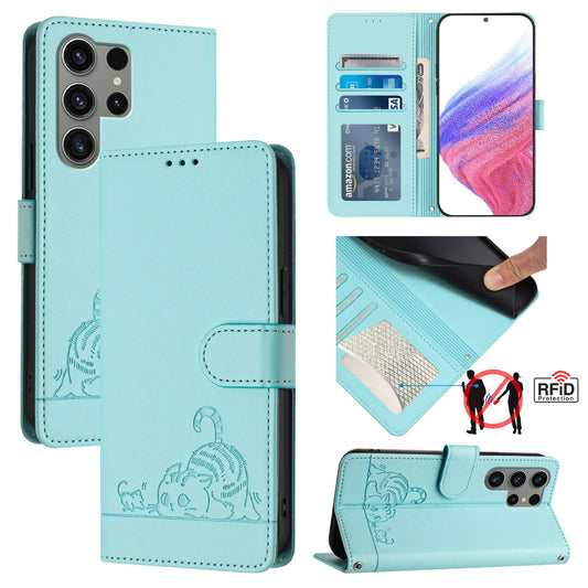 Samsung Galaxy S23 Ultra 5G Cat & Rat Embossed RFID Leather Case, Lanyard, Wallet, Card Slots, Kickstand, Anti-Fall, Scratch-Resistant