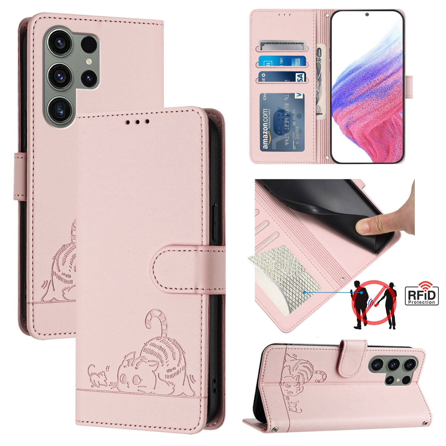 Samsung Galaxy S23 Ultra 5G Cat & Rat Embossed RFID Leather Case, Lanyard, Wallet, Card Slots, Kickstand, Anti-Fall, Scratch-Resistant