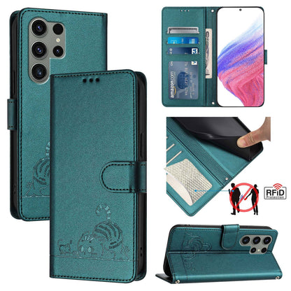 Samsung Galaxy S23 Ultra 5G Cat & Rat Embossed RFID Leather Case, Lanyard, Wallet, Card Slots, Kickstand, Anti-Fall, Scratch-Resistant