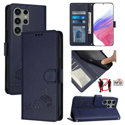 Samsung Galaxy S23 Ultra 5G Cat & Rat Embossed RFID Leather Case, Lanyard, Wallet, Card Slots, Kickstand, Anti-Fall, Scratch-Resistant