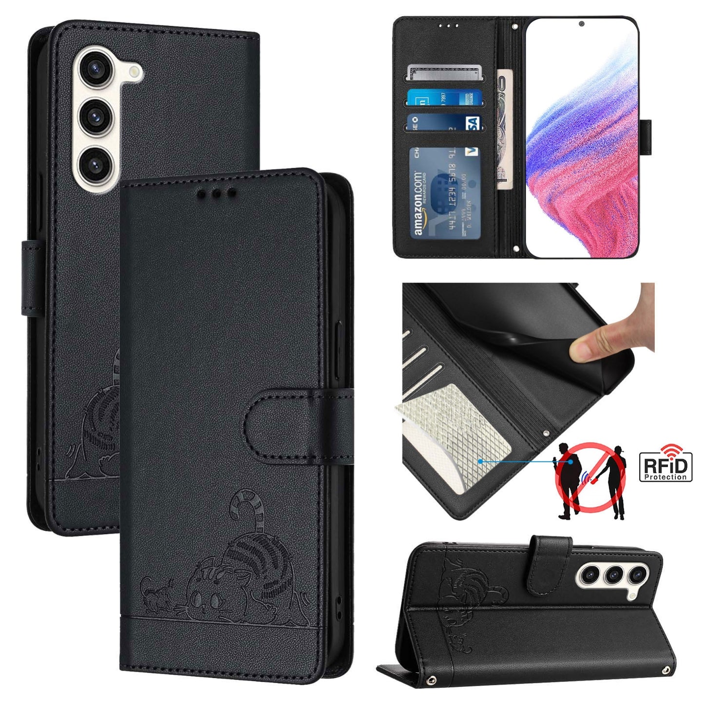 Samsung Galaxy S23+ 5G Cat & Rat Embossed RFID Leather Case, Lanyard, Wallet, Card Slots, Kickstand, Anti-Fall, Scratch-Resistant