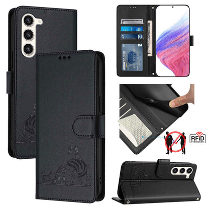 Samsung Galaxy S23+ 5G Cat & Rat Embossed RFID Leather Case, Lanyard, Wallet, Card Slots, Kickstand, Anti-Fall, Scratch-Resistant
