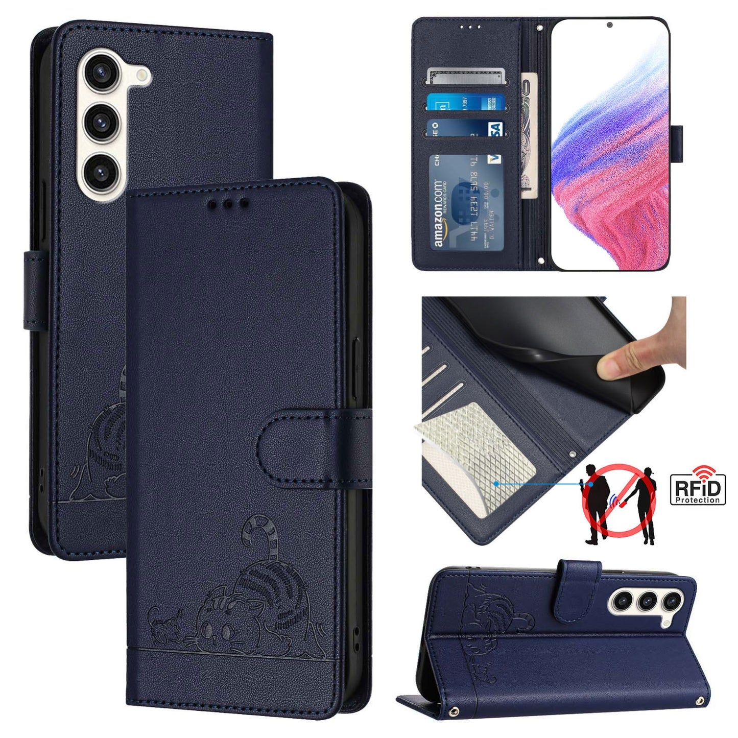 Samsung Galaxy S23+ 5G Cat & Rat Embossed RFID Leather Case, Lanyard, Wallet, Card Slots, Kickstand, Anti-Fall, Scratch-Resistant