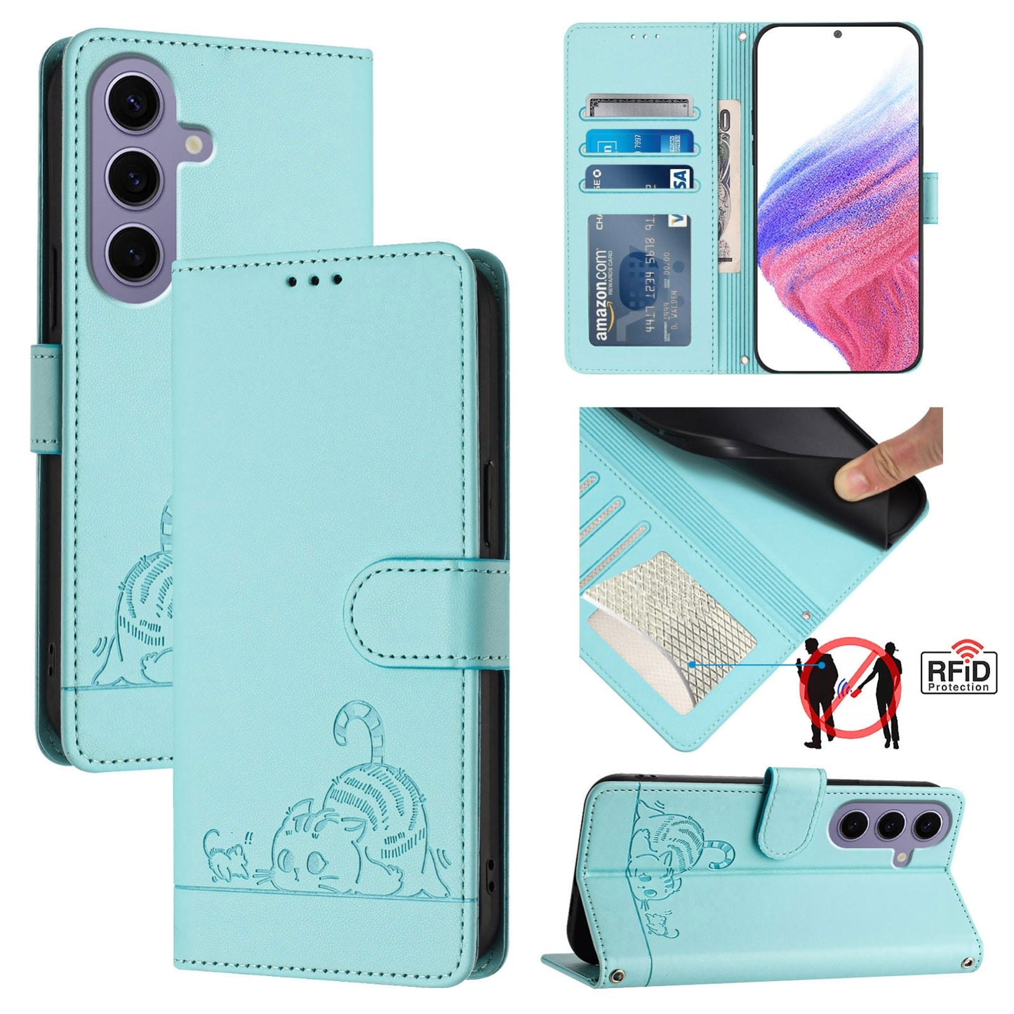 Samsung Galaxy S24 5G Cat & Rat Embossed RFID Leather Case, Lanyard, Wallet, Card Slots, Kickstand, Anti-Fall, Scratch-Resistant
