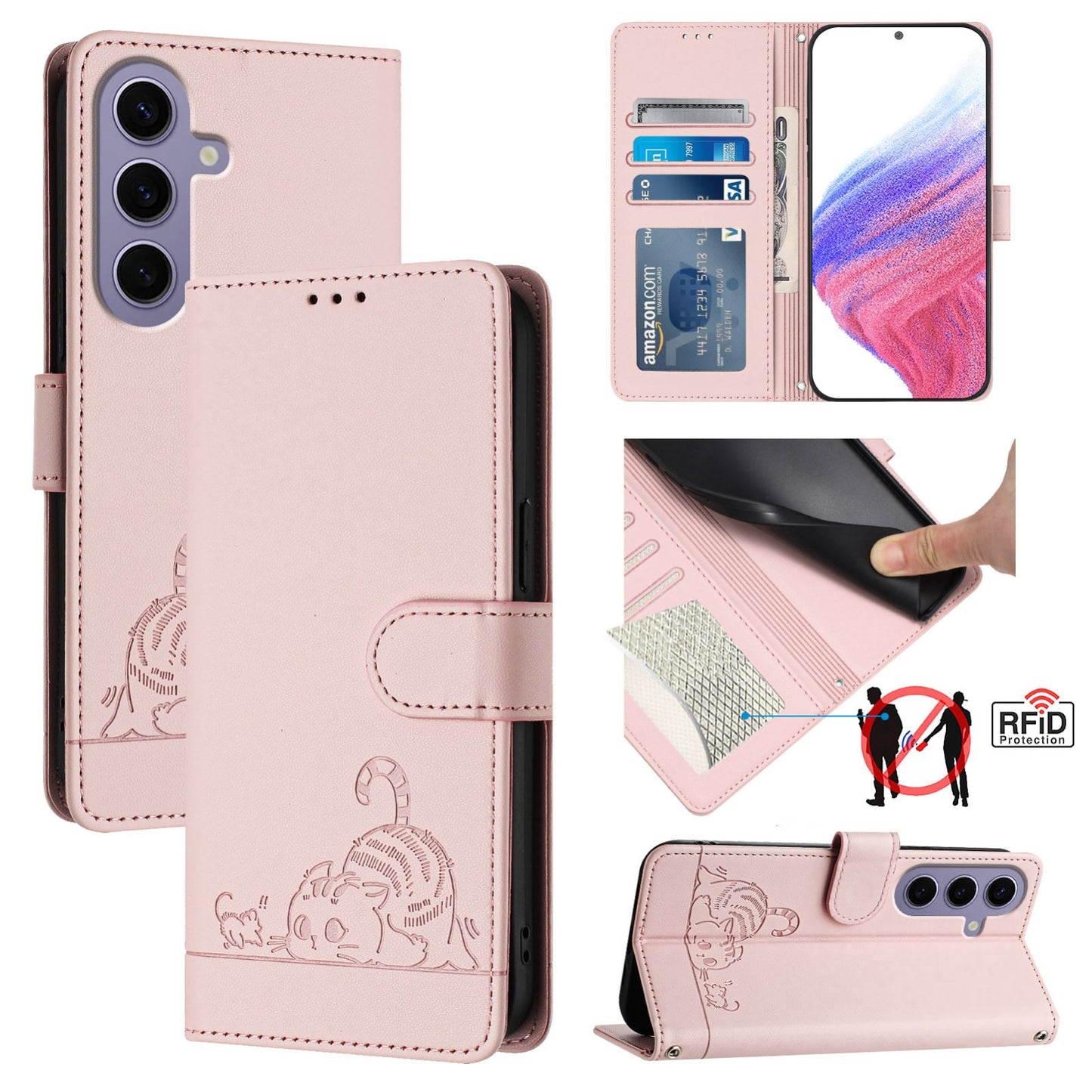 Samsung Galaxy S24 5G Cat & Rat Embossed RFID Leather Case, Lanyard, Wallet, Card Slots, Kickstand, Anti-Fall, Scratch-Resistant