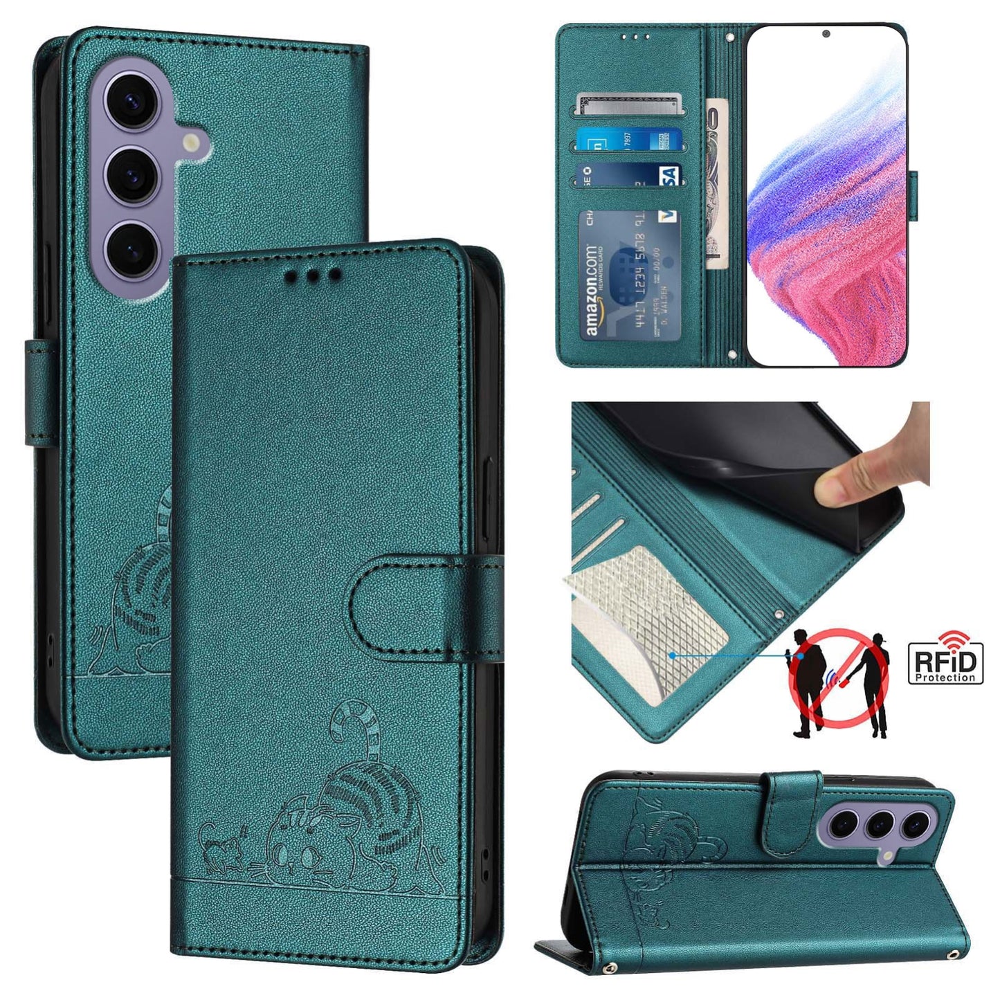 Samsung Galaxy S24 5G Cat & Rat Embossed RFID Leather Case, Lanyard, Wallet, Card Slots, Kickstand, Anti-Fall, Scratch-Resistant