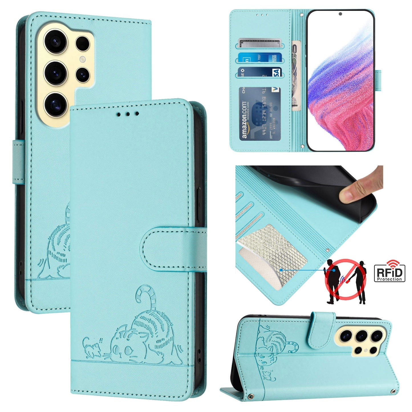 Samsung Galaxy S24 Ultra 5G Cat & Rat Embossed RFID Leather Case, Lanyard, Wallet, Card Slots, Kickstand, Anti-Fall, Scratch-Resistant