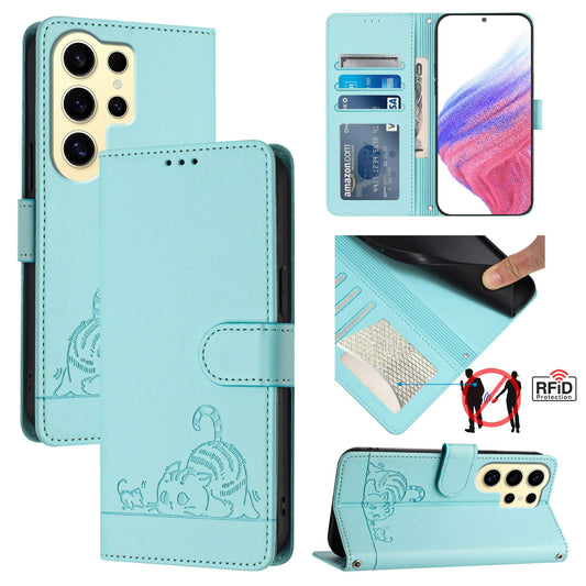 Samsung Galaxy S24 Ultra 5G Cat & Rat Embossed RFID Leather Case, Lanyard, Wallet, Card Slots, Kickstand, Anti-Fall, Scratch-Resistant