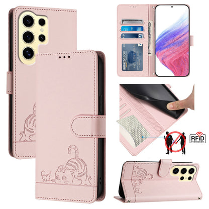 Samsung Galaxy S24 Ultra 5G Cat & Rat Embossed RFID Leather Case, Lanyard, Wallet, Card Slots, Kickstand, Anti-Fall, Scratch-Resistant