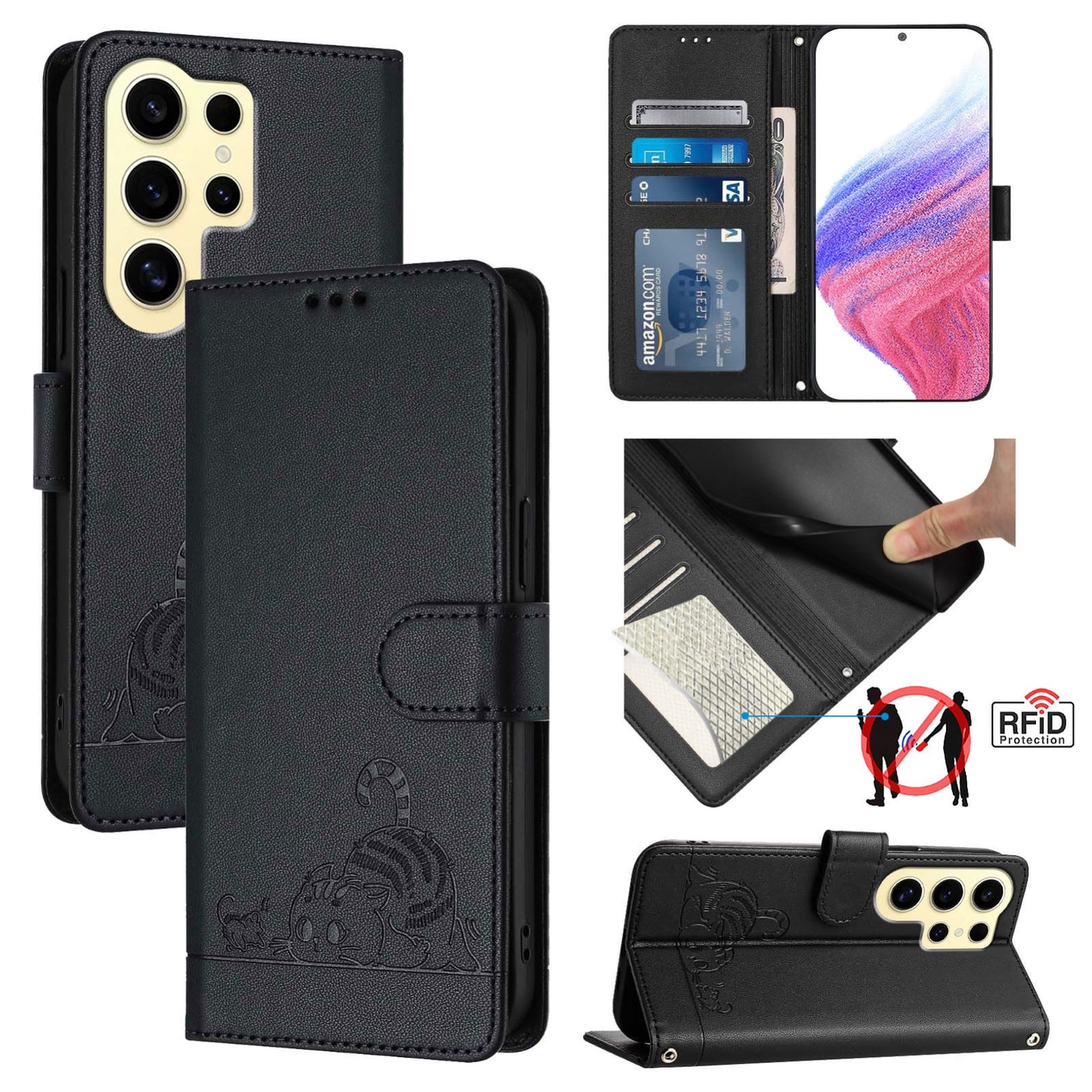 Samsung Galaxy S24 Ultra 5G Cat & Rat Embossed RFID Leather Case, Lanyard, Wallet, Card Slots, Kickstand, Anti-Fall, Scratch-Resistant