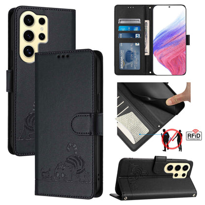 Samsung Galaxy S24 Ultra 5G Cat & Rat Embossed RFID Leather Case, Lanyard, Wallet, Card Slots, Kickstand, Anti-Fall, Scratch-Resistant