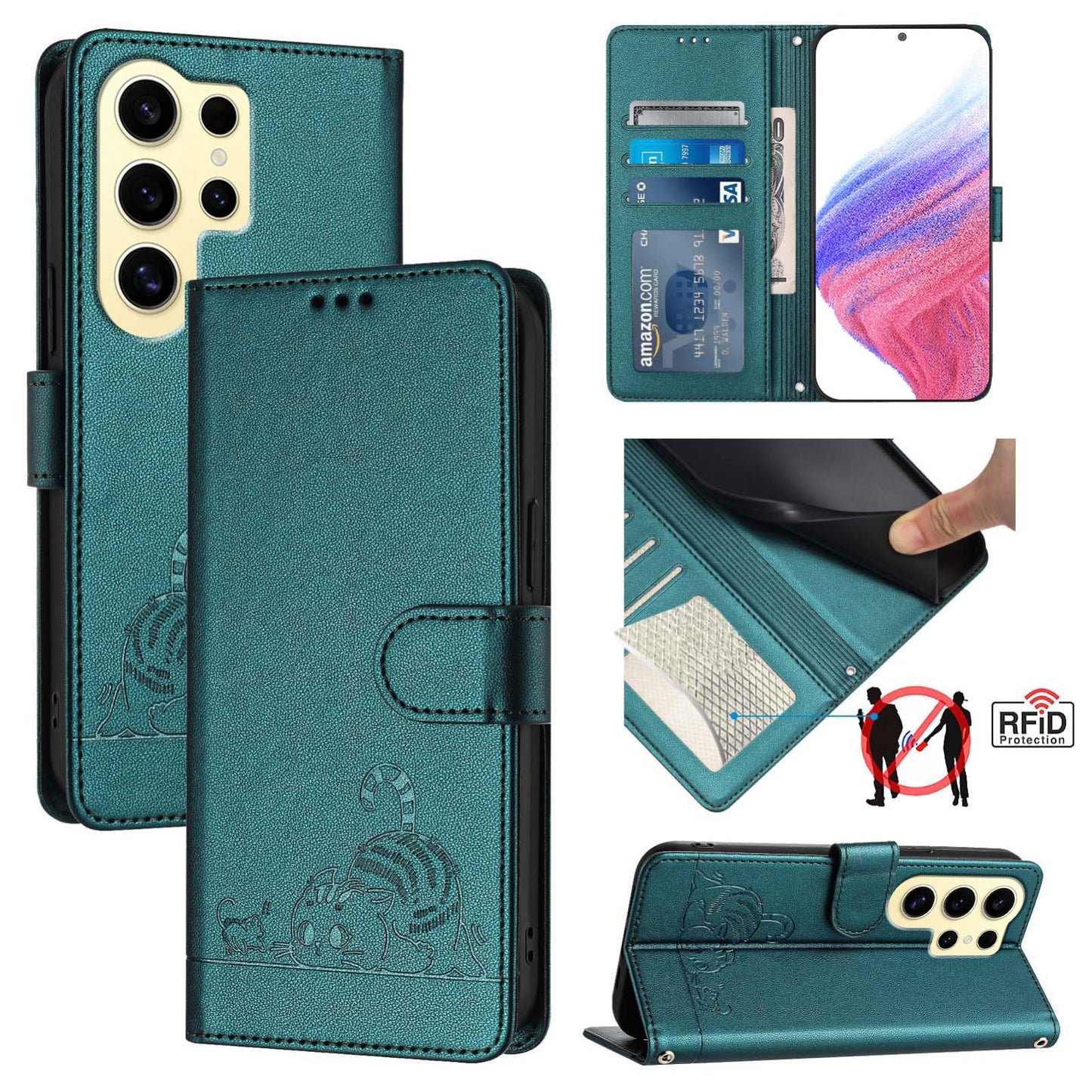 Samsung Galaxy S24 Ultra 5G Cat & Rat Embossed RFID Leather Case, Lanyard, Wallet, Card Slots, Kickstand, Anti-Fall, Scratch-Resistant