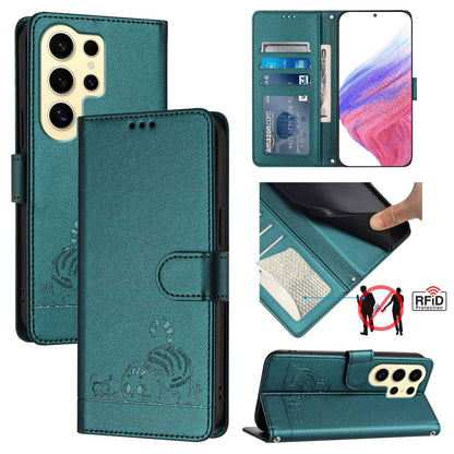 Samsung Galaxy S24 Ultra 5G Cat & Rat Embossed RFID Leather Case, Lanyard, Wallet, Card Slots, Kickstand, Anti-Fall, Scratch-Resistant