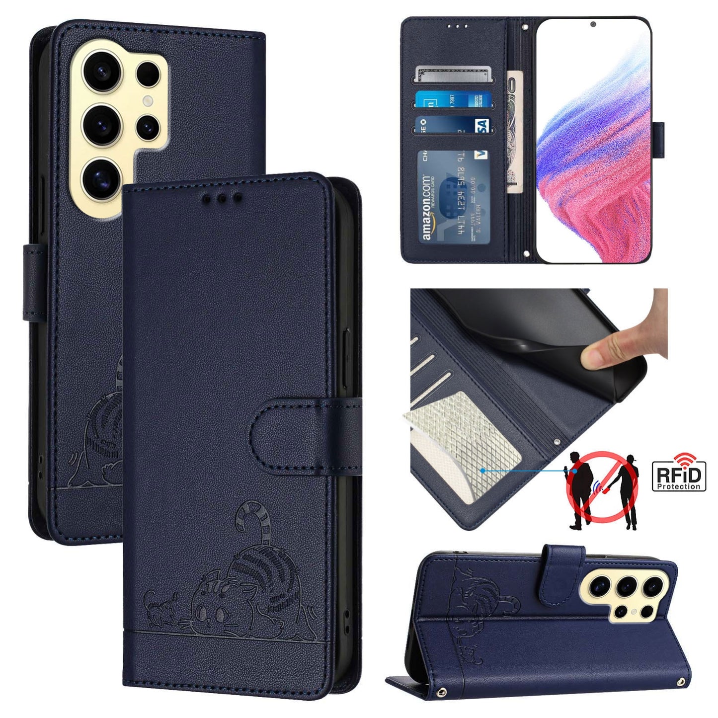 Samsung Galaxy S24 Ultra 5G Cat & Rat Embossed RFID Leather Case, Lanyard, Wallet, Card Slots, Kickstand, Anti-Fall, Scratch-Resistant