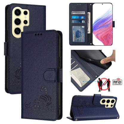 Samsung Galaxy S24 Ultra 5G Cat & Rat Embossed RFID Leather Case, Lanyard, Wallet, Card Slots, Kickstand, Anti-Fall, Scratch-Resistant