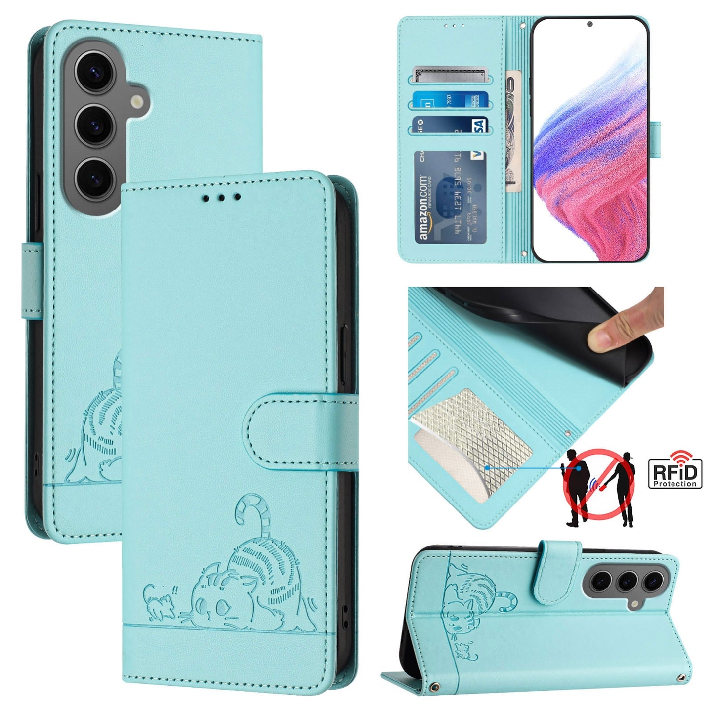 Samsung Galaxy S24+ 5G Cat & Rat Embossed RFID Leather Case, Lanyard, Wallet, Card Slots, Kickstand, Anti-Fall, Scratch-Resistant