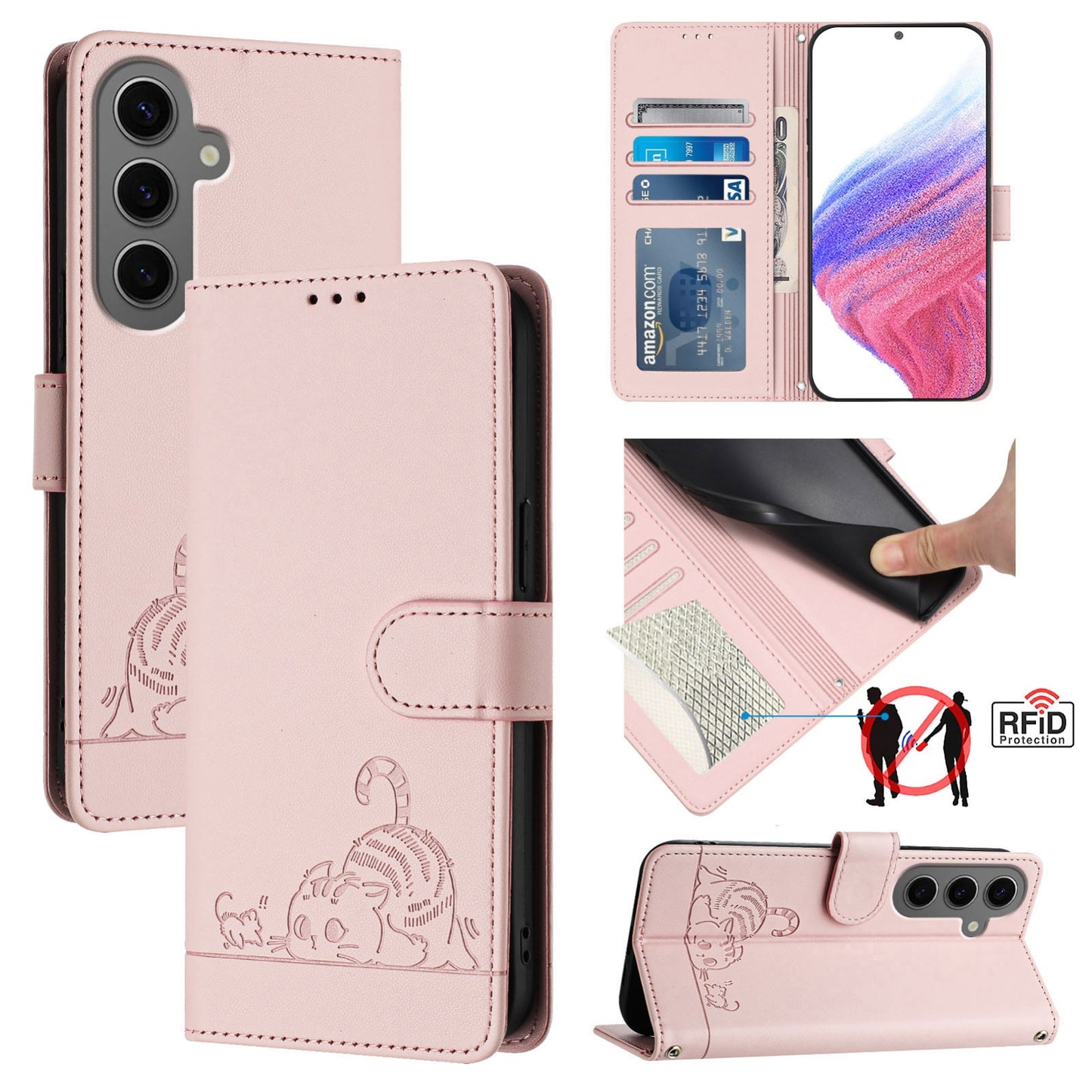 Samsung Galaxy S24+ 5G Cat & Rat Embossed RFID Leather Case, Lanyard, Wallet, Card Slots, Kickstand, Anti-Fall, Scratch-Resistant