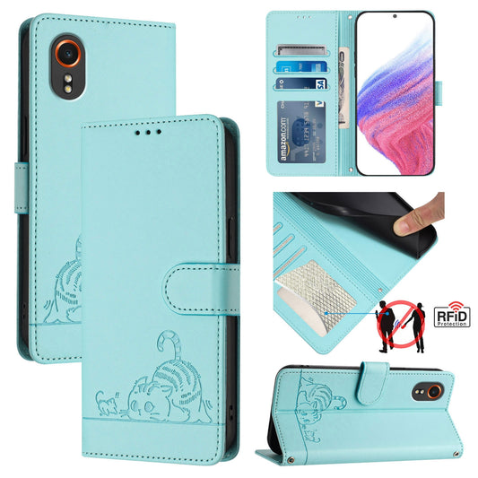 Samsung Galaxy Xcover7 Cat & Rat Embossed RFID Leather Case, Lanyard, Wallet, Card Slots, Kickstand, Anti-Fall, Scratch-Resistant