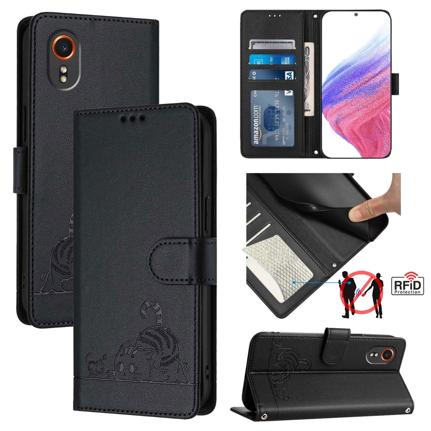 Samsung Galaxy Xcover7 Cat & Rat Embossed RFID Leather Case, Lanyard, Wallet, Card Slots, Kickstand, Anti-Fall, Scratch-Resistant
