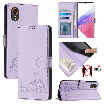 Samsung Galaxy Xcover7 Cat & Rat Embossed RFID Leather Case, Lanyard, Wallet, Card Slots, Kickstand, Anti-Fall, Scratch-Resistant