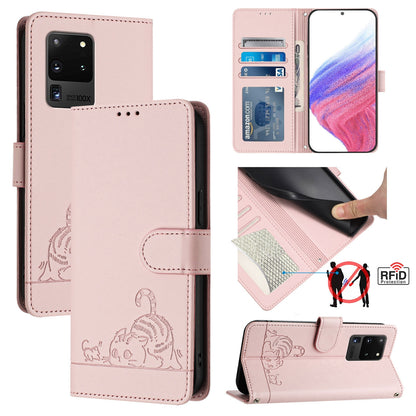 Samsung Galaxy Note 20 Ultra Cat & Rat Embossed RFID Leather Case, Lanyard, Wallet, Card Slots, Kickstand, Anti-Fall, Scratch-Resistant