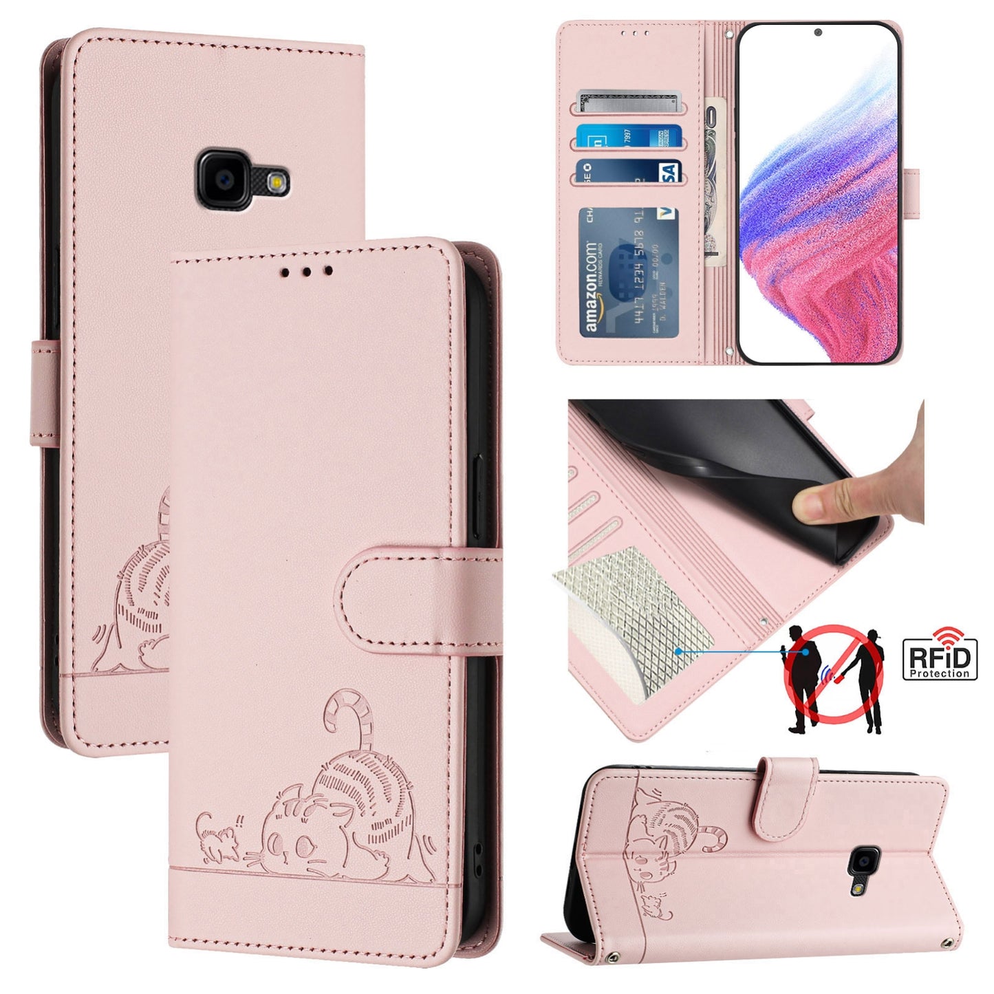 Samsung Galaxy Xcover 4 Cat & Rat Embossed RFID Leather Case, Lanyard, Wallet, Card Slots, Kickstand, Anti-Fall, Scratch-Resistant