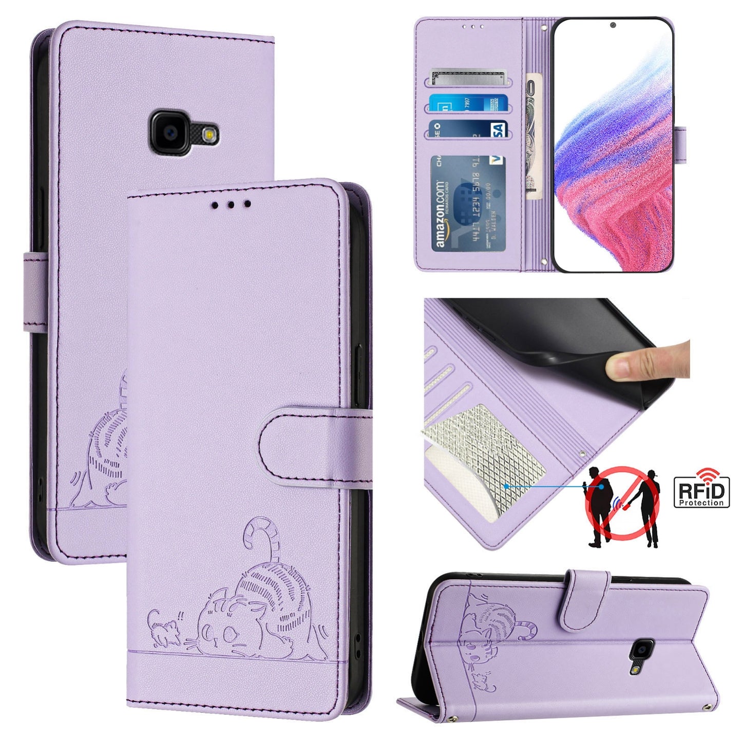 Samsung Galaxy Xcover 4 Cat & Rat Embossed RFID Leather Case, Lanyard, Wallet, Card Slots, Kickstand, Anti-Fall, Scratch-Resistant