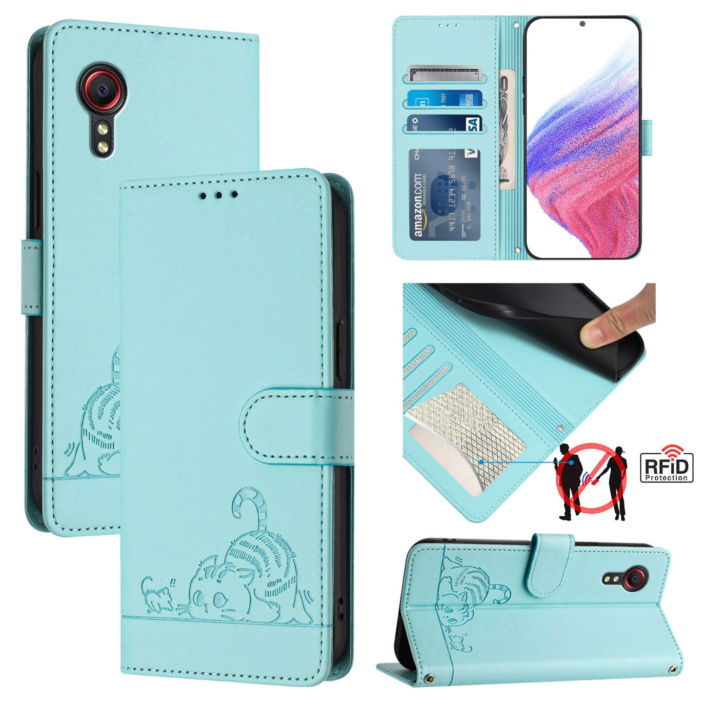 Samsung Galaxy Xcover 5 Cat & Rat Embossed RFID Leather Case, Lanyard, Wallet, Card Slots, Kickstand, Anti-Fall, Scratch-Resistant