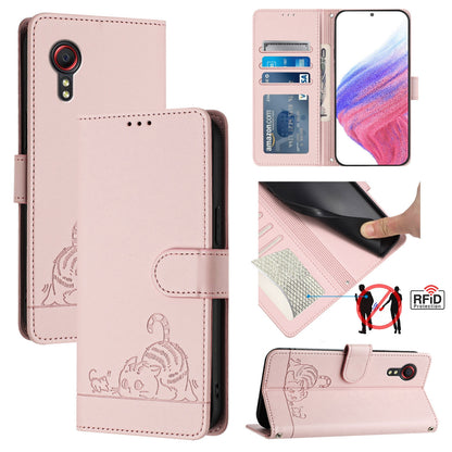Samsung Galaxy Xcover 5 Cat & Rat Embossed RFID Leather Case, Lanyard, Wallet, Card Slots, Kickstand, Anti-Fall, Scratch-Resistant