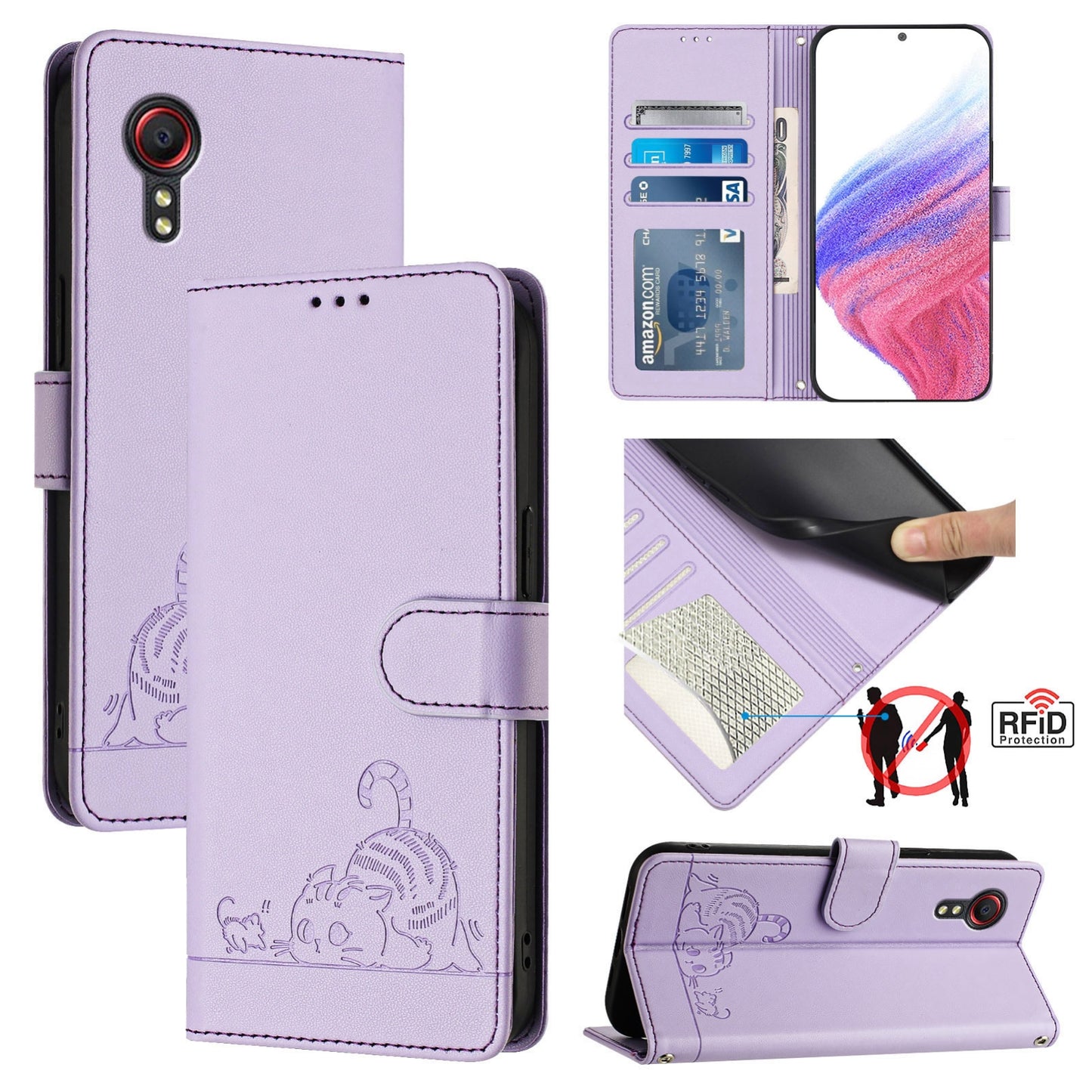 Samsung Galaxy Xcover 5 Cat & Rat Embossed RFID Leather Case, Lanyard, Wallet, Card Slots, Kickstand, Anti-Fall, Scratch-Resistant