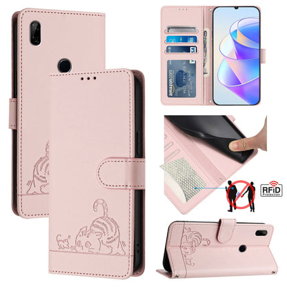 Honor 9X 4G Global Cat & Rat Embossed RFID Leather Case, Lanyard, Wallet, Card Slots, Kickstand, Anti-Fall, Scratch-Resistant