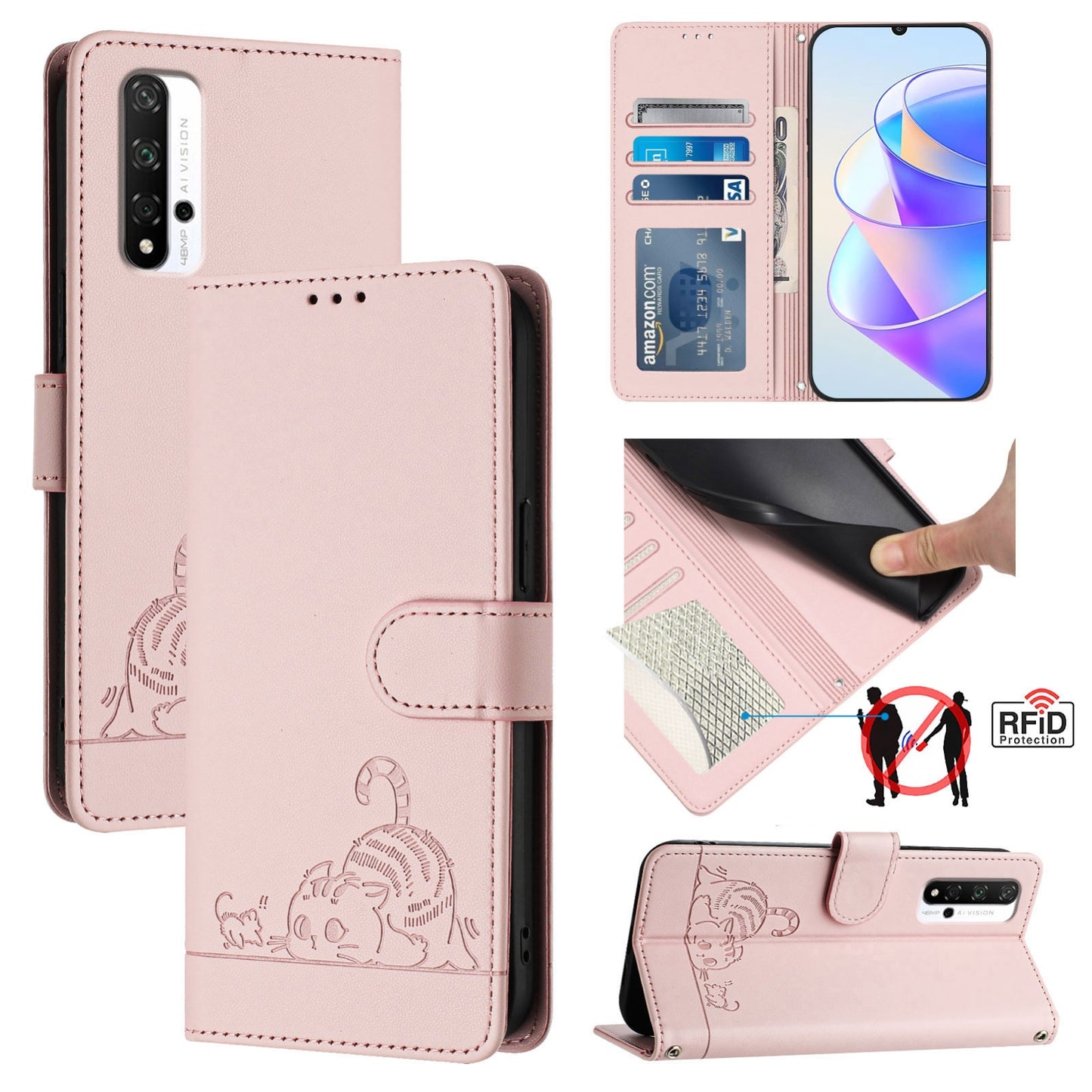 Honor 20 4G Cat & Rat Embossed RFID Leather Case, Lanyard, Wallet, Card Slots, Kickstand, Anti-Fall, Scratch-Resistant