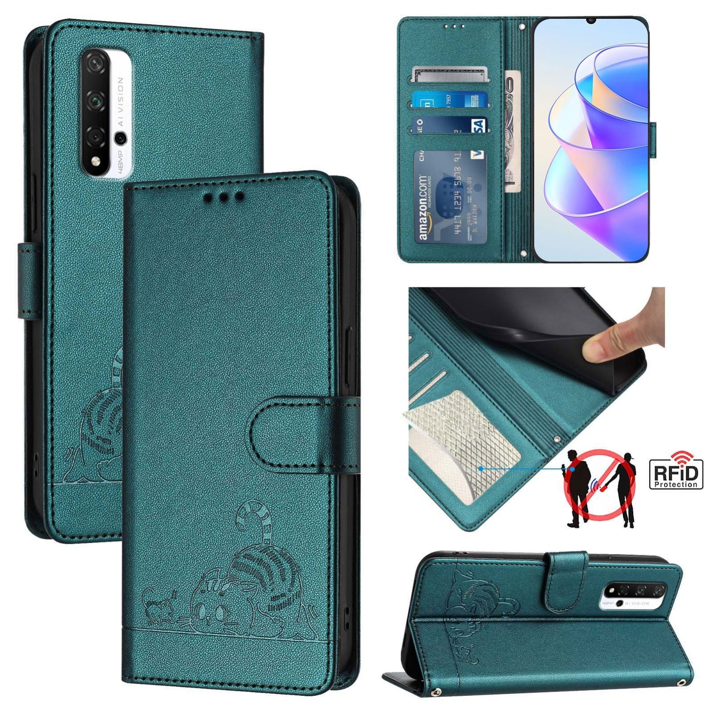 Honor 20S 4G Cat & Rat Embossed RFID Leather Case, Lanyard, Wallet, Card Slots, Kickstand, Anti-Fall, Scratch-Resistant
