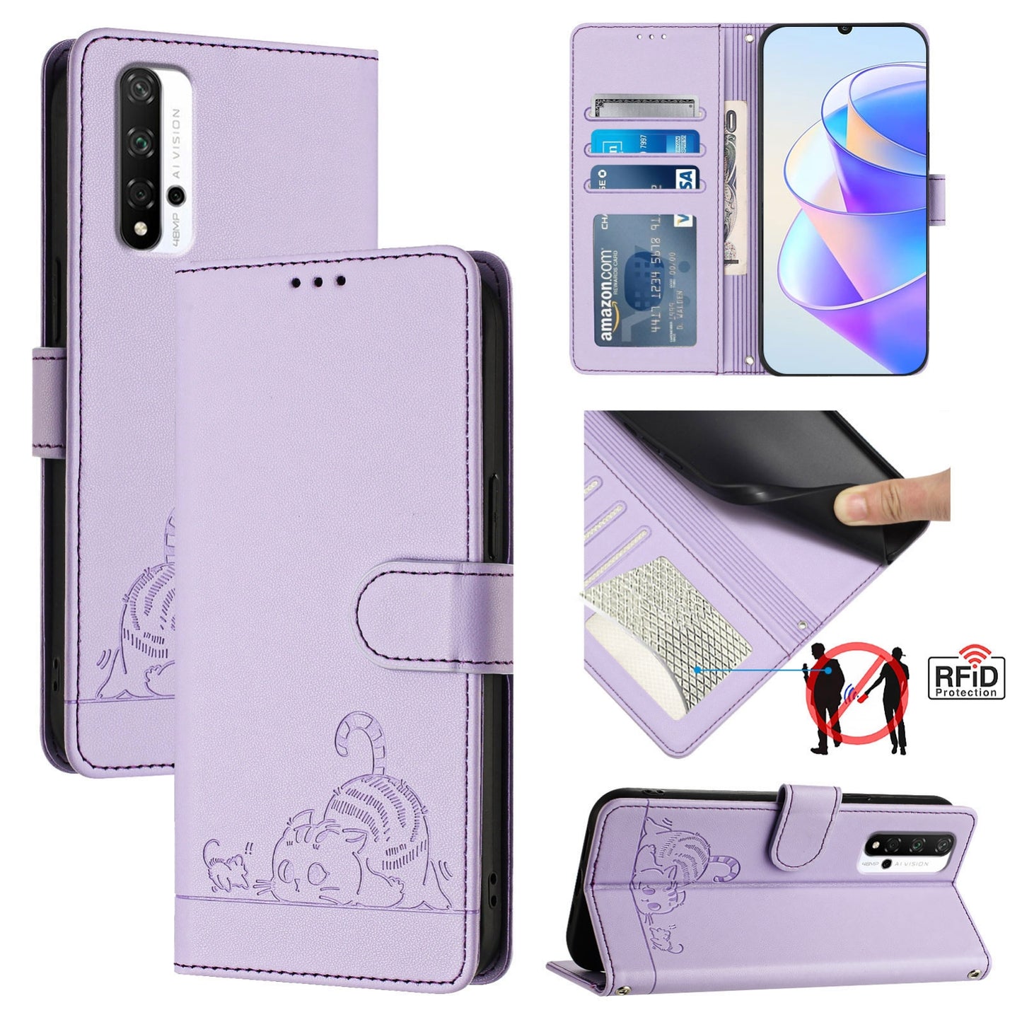 Honor 20 Pro 4G Cat & Rat Embossed RFID Leather Case, Lanyard, Wallet, Card Slots, Kickstand, Anti-Fall, Scratch-Resistant