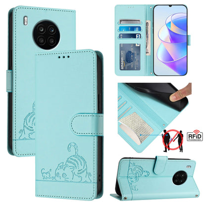 Honor 50 Lite Cat & Rat Embossed RFID Leather Case, Lanyard, Wallet, Card Slots, Kickstand, Anti-Fall, Scratch-Resistant