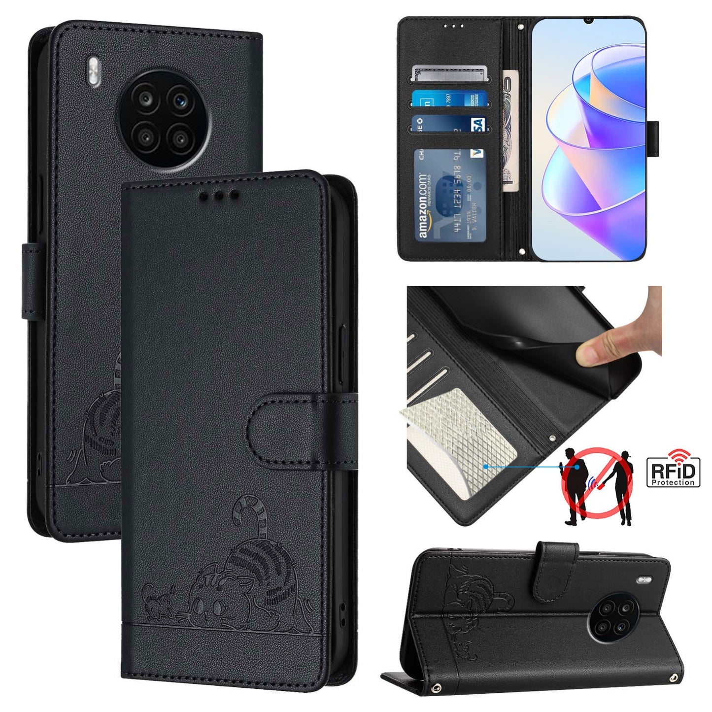Honor 50 Lite Cat & Rat Embossed RFID Leather Case, Lanyard, Wallet, Card Slots, Kickstand, Anti-Fall, Scratch-Resistant
