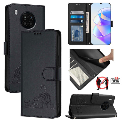 Honor 50 Lite Cat & Rat Embossed RFID Leather Case, Lanyard, Wallet, Card Slots, Kickstand, Anti-Fall, Scratch-Resistant