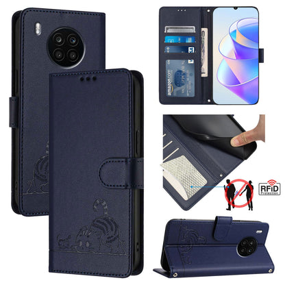 Honor 50 Lite Cat & Rat Embossed RFID Leather Case, Lanyard, Wallet, Card Slots, Kickstand, Anti-Fall, Scratch-Resistant