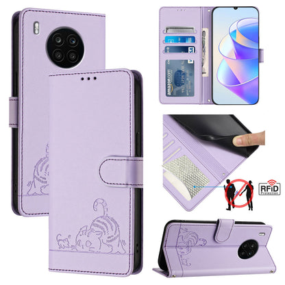 Honor 50 Lite Cat & Rat Embossed RFID Leather Case, Lanyard, Wallet, Card Slots, Kickstand, Anti-Fall, Scratch-Resistant