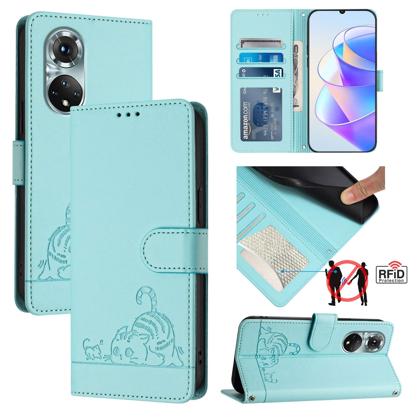 Honor 50 Pro Cat & Rat Embossed RFID Leather Case, Lanyard, Wallet, Card Slots, Kickstand, Anti-Fall, Scratch-Resistant