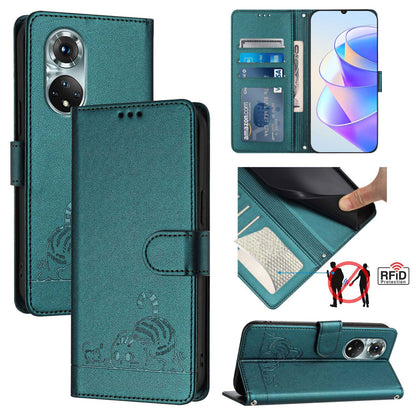 Honor 50 Pro Cat & Rat Embossed RFID Leather Case, Lanyard, Wallet, Card Slots, Kickstand, Anti-Fall, Scratch-Resistant