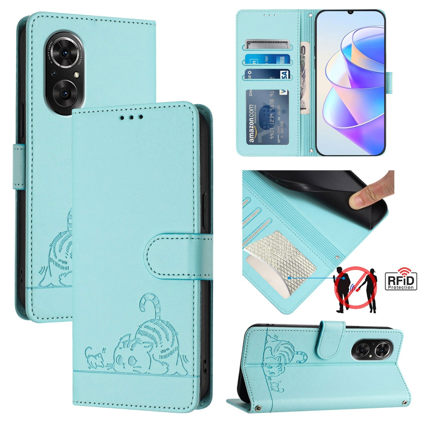 Honor 50 SE Cat & Rat Embossed RFID Leather Case, Lanyard, Wallet, Card Slots, Kickstand, Anti-Fall, Scratch-Resistant