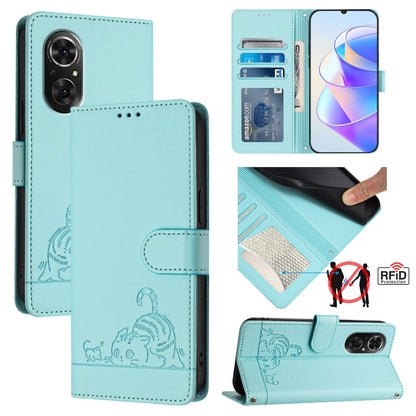 Honor 50 SE Cat & Rat Embossed RFID Leather Case, Lanyard, Wallet, Card Slots, Kickstand, Anti-Fall, Scratch-Resistant