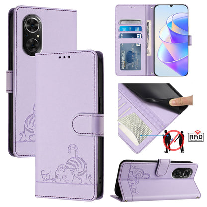 Honor 50 SE Cat & Rat Embossed RFID Leather Case, Lanyard, Wallet, Card Slots, Kickstand, Anti-Fall, Scratch-Resistant