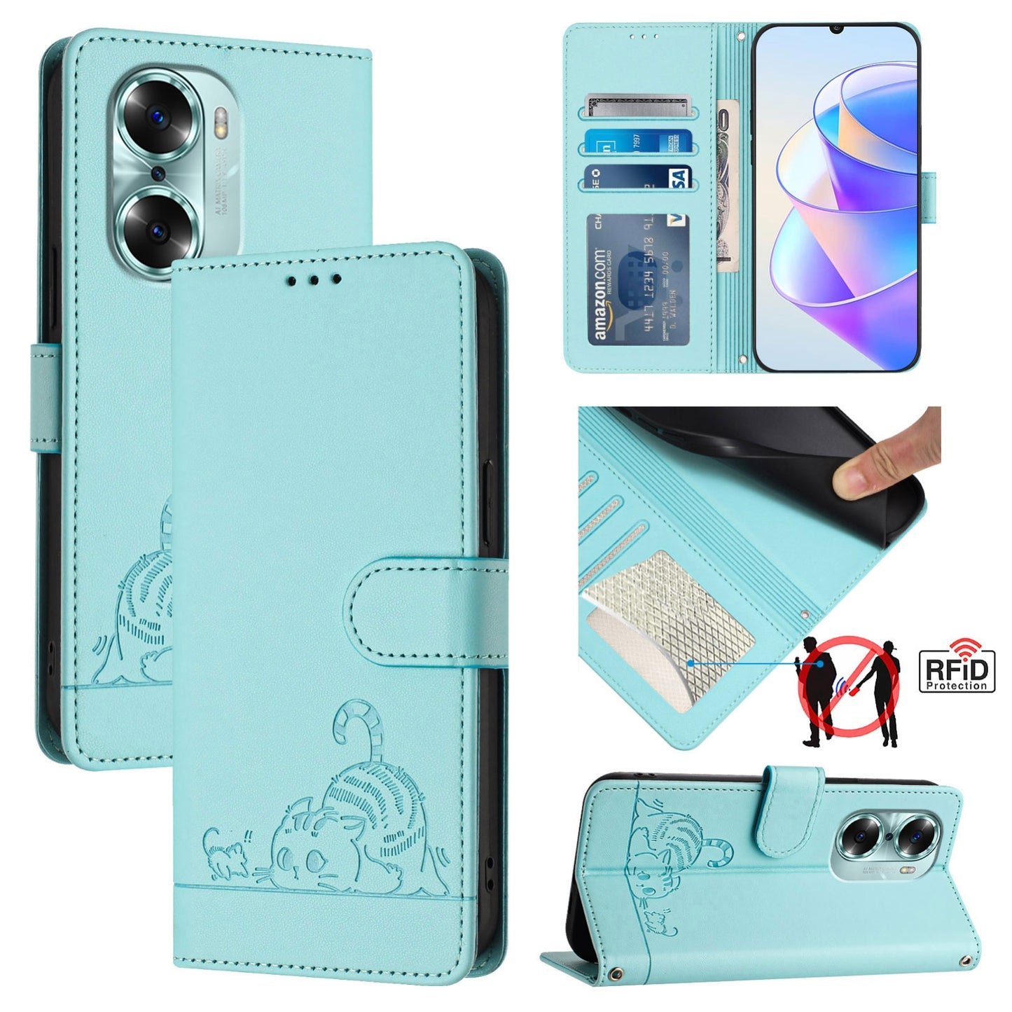 Honor 60 5G Cat & Rat Embossed RFID Leather Case, Lanyard, Wallet, Card Slots, Kickstand, Anti-Fall, Scratch-Resistant