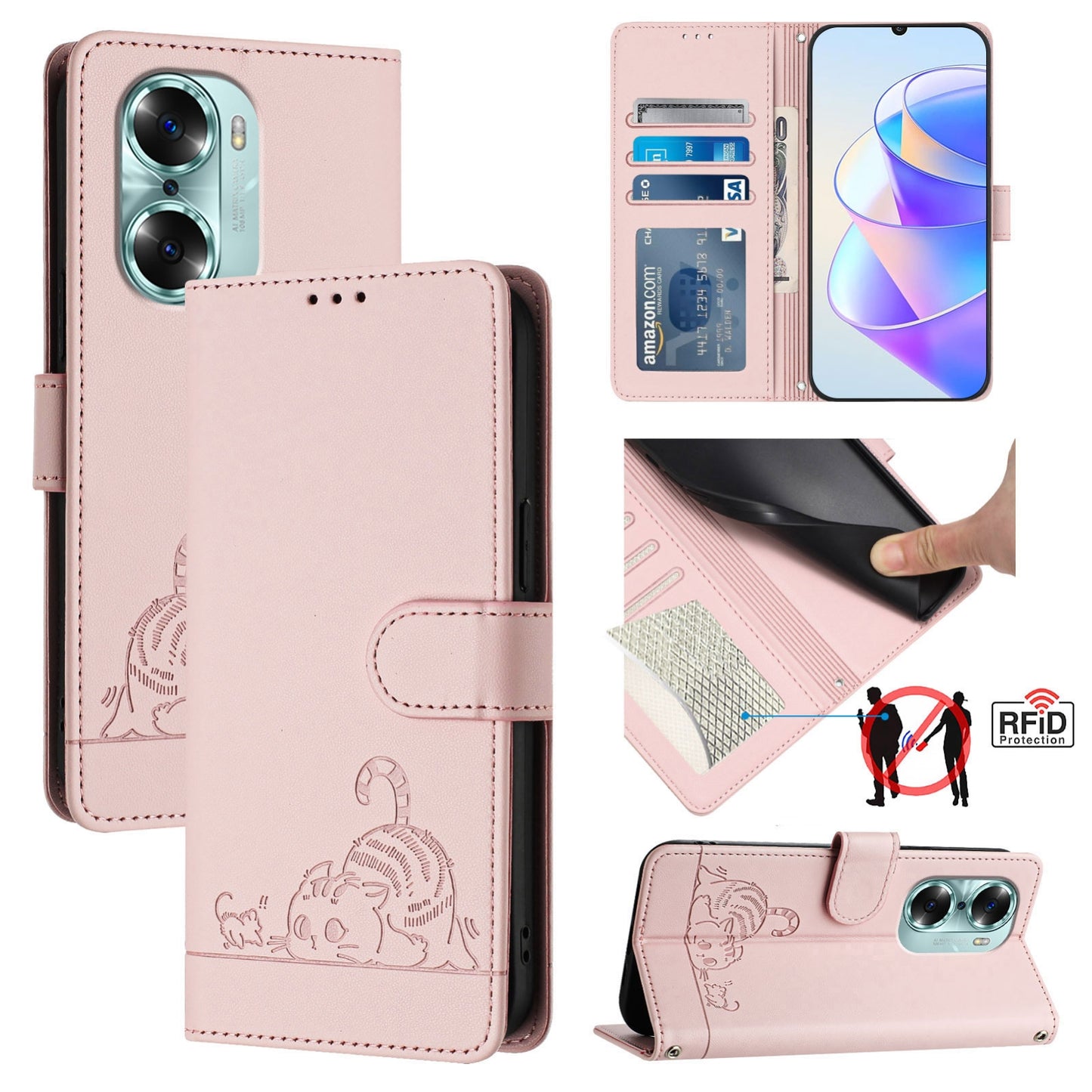 Honor 60 5G Cat & Rat Embossed RFID Leather Case, Lanyard, Wallet, Card Slots, Kickstand, Anti-Fall, Scratch-Resistant
