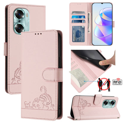 Honor 60 5G Cat & Rat Embossed RFID Leather Case, Lanyard, Wallet, Card Slots, Kickstand, Anti-Fall, Scratch-Resistant